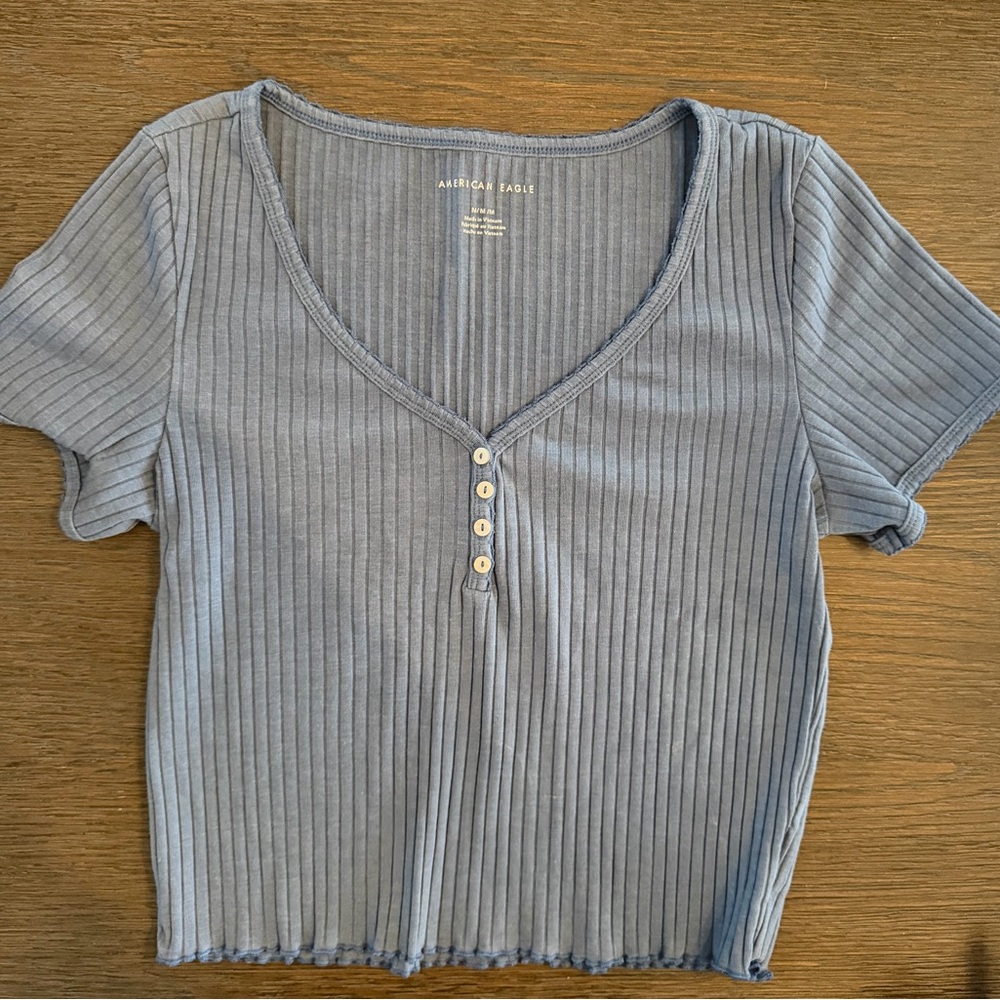 American Eagle Outfitters Women's Light Blue Ribbed Top